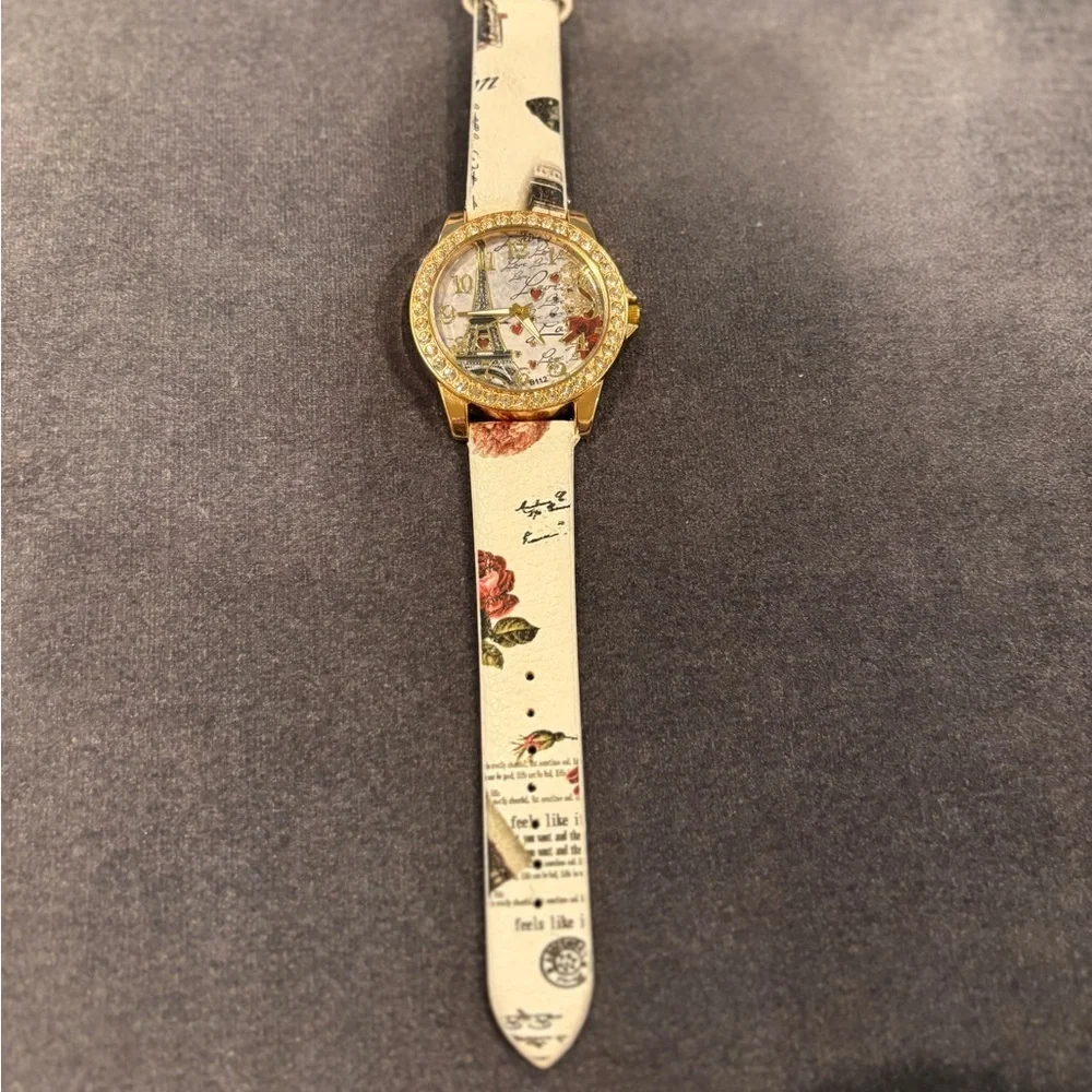 Paris Eiffel Tower Watch Gold Tone Crystal Romantic Rose Print French l Quartz